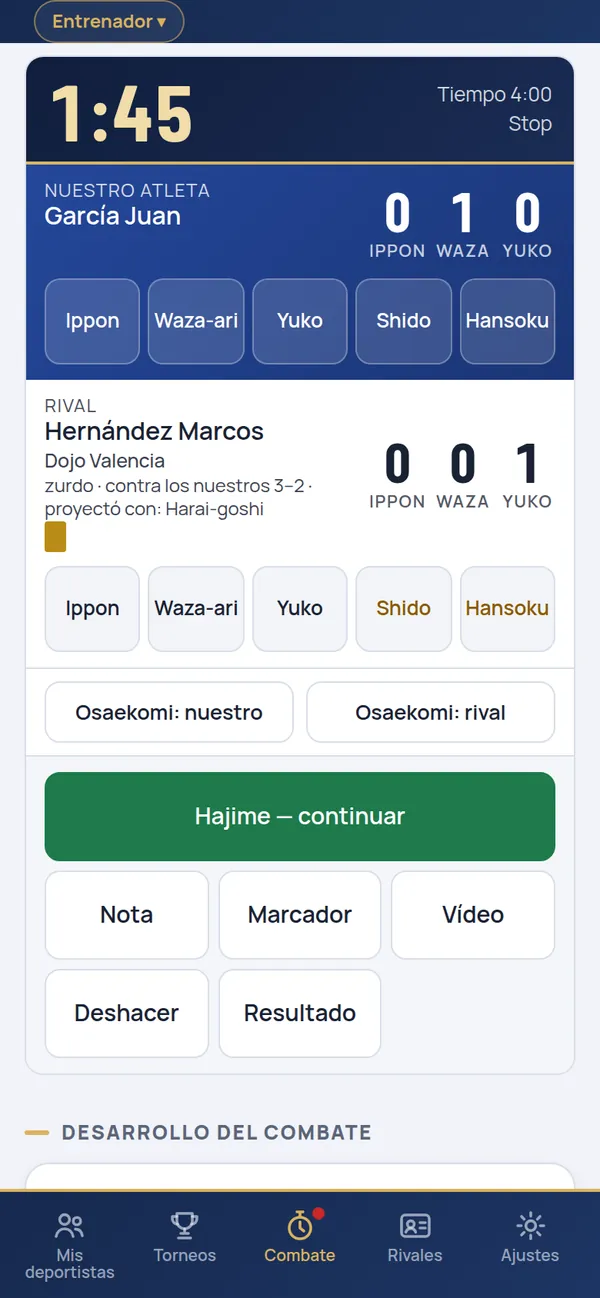 Pantalla del combate: cronómetro del marcador, puntuaciones de nuestro deportista y del rival, botones de puntuación