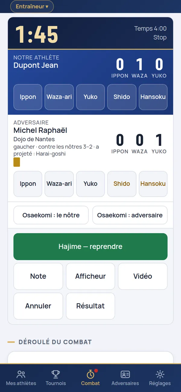 Écran du combat : chrono de l’afficheur, scores de notre athlète et de l’adversaire, boutons de notation