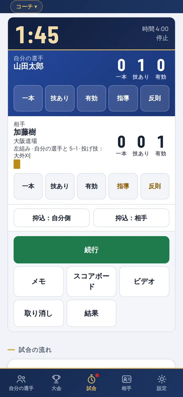 試合画面:スコアボードのタイマー、自チーム選手と相手の得点、得点ボタン