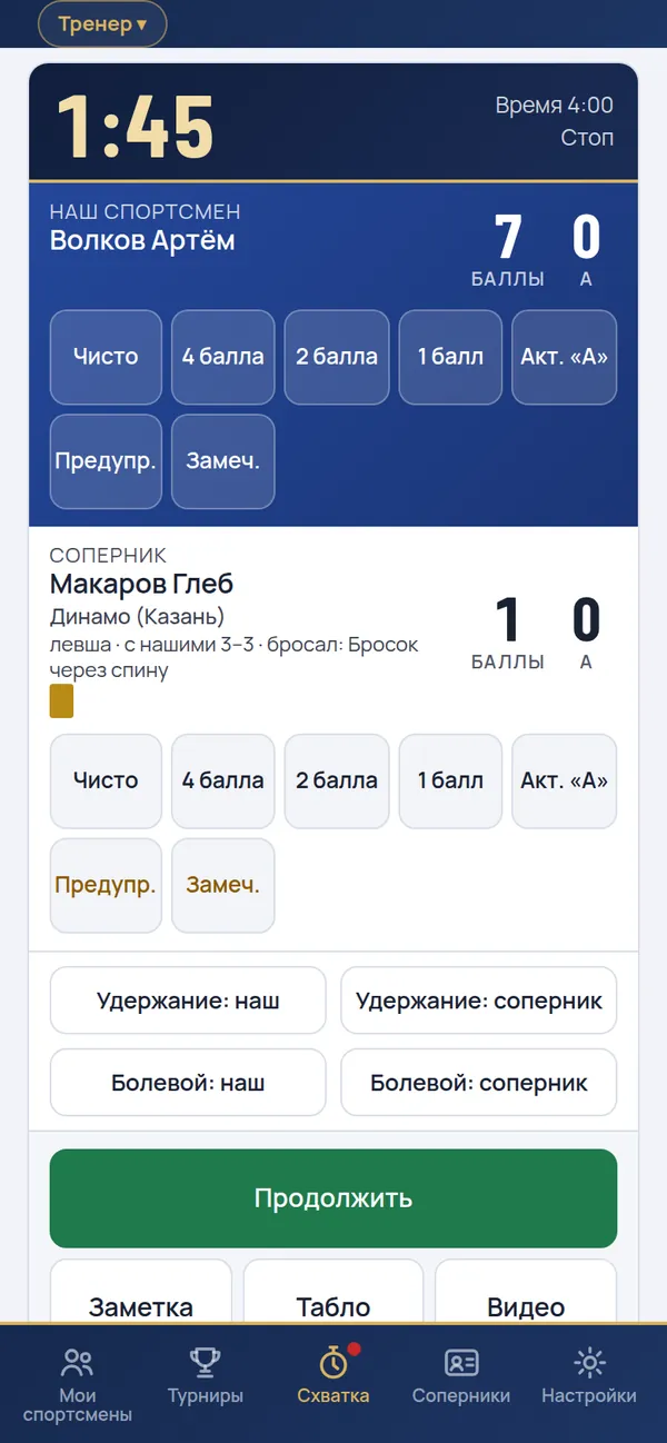 Экран схватки: табло-таймер, оценки нашего спортсмена и соперника, кнопки оценок